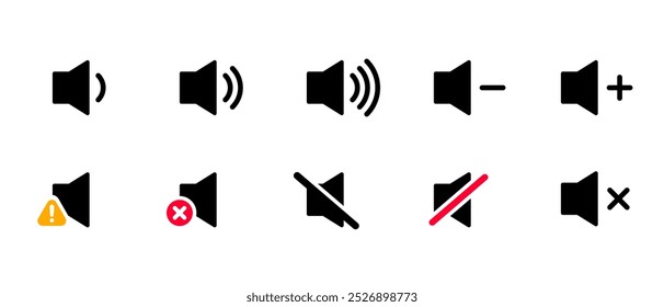 A set of volume control icons in flat design style, representing various audio states such as increasing, decreasing, muted, and sound warnings. Vector illustration.