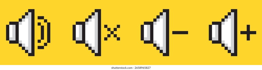 Establecer iconos de volumen. Iconos de píxeles dinámicos. Cargue el altavoz, encienda, apague, silencie. Símbolo de control de señal de sonido. Juego retro, diseño de 8 bits