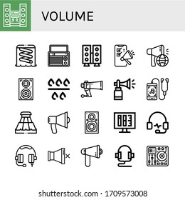 Set of volume icons. Such as Home theater, Slider, Radio, Speaker, Megaphone, Speakers, Filter, Horn, Music player, Audio, Ink level, Headphones, Headphone, Mute , volume icons