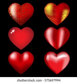 Set of volume red hearts with reflections and pattern on a black background