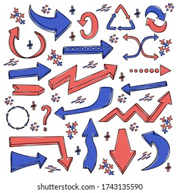 Conjunto de flechas volumétricas para el diseño. Dibujado a mano. Gráficos de línea. Estilo escandinavo. Vector.