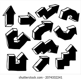 Un conjunto de flechas volumétricas de diferentes formas y direcciones. Ilustración del vector