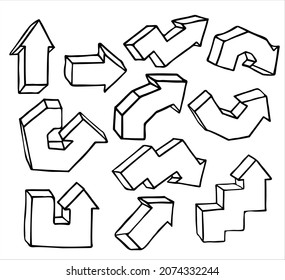 Un conjunto de flechas volumétricas de diferentes formas y direcciones. Ilustración del vector