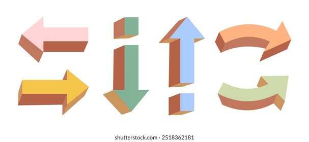 Conjunto de setas volumétricas-ponteiros de diferentes formas: retas e arredondadas em várias cores pastel. Ilustração vetorial de infográficos para sites, redes sociais em fundo isolado branco.