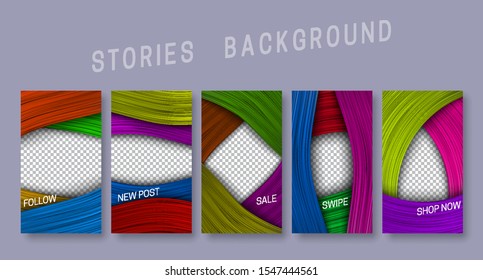 Set of volumetric background templates for social media instagram stories. Abstract colorful frame templates for banner design.