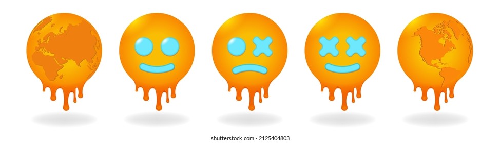 A set of volumetric bright orange soft icons with streams of liquid flowing down. Emotional emoticons in the form of a ball. Smile, sadness and hemispheres of the planet Earth