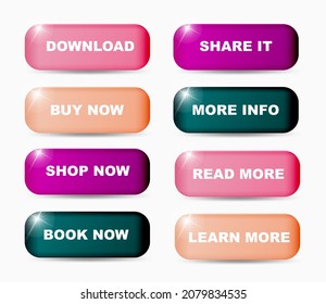 Set of volumetric colorful buttons for websites and applications in trendy colors. Vector illustration.