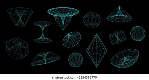 A set of  volumetric geometric shapes. Vector graphics. Abstract vector illustration isolated on black background.