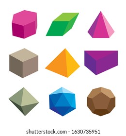 Set of volumetric geometrical colored shapes. Polyhedron collection. Vector illustration