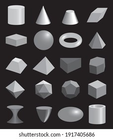 Set of volumetric geometrical gray shapes. Vector illustration