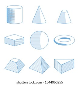 Set of volumetric geometrical hatching shapes. Vector illustration