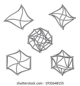 Set of volumetric geometrical shapes. Curved Regular polyhedra in doodle style. White outlines on a black background. Vector illustration