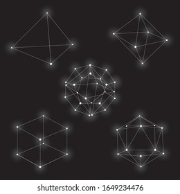 Set of volumetric geometrical shapes. Regular polyhedron. White outlines on a black background. Vector illustration