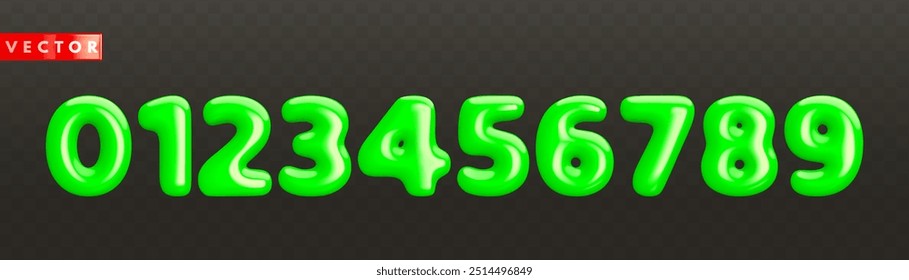 Set of volumetric glossy green 3d numbers from 0 to 9 in realistic style. Decoration elements for eco banner, greeting card, anniversary or birthday party invitation design. Vector illustration