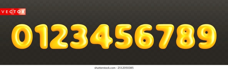 Set of volumetric glossy yellow 3d numbers from 0 to 9 in realistic style. Decoration elements for banner, greeting card, anniversary or birthday party invitation design. Vector illustration