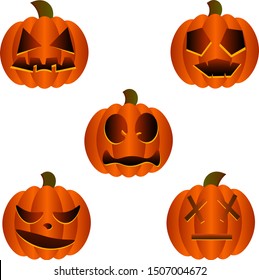 Set of volumetric halloween pumpkins with different faces. Isolated over white background.