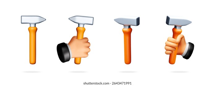 Set of volumetric hammers with different head shapes, one held by a man's hand. Repair tool for construction. Labor Day concept.