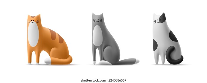 Set of volumetric happy cats of different colors in 3D cartoon style. Isolated illustration of cute funny kitten. Vector template ginger tabby, red striped, grey, spotted cat sits.