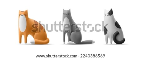 Set of volumetric happy cats of different colors in 3D cartoon style. Isolated illustration of cute funny kitten. Vector template ginger tabby, red striped, grey, spotted cat sits.