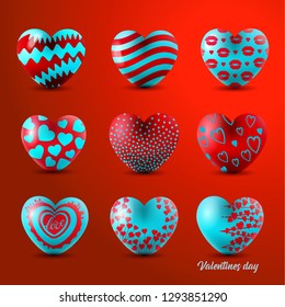 Set of volumetric heart shapes with different patterns for Valentine's Day.3d hearts concept. for love banner and greeting card. Vector illustration Happy Valentine's day. Isolate
