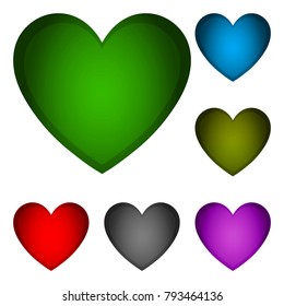 A set of volumetric hearts of love. Red, blue, green, black, purple heart.