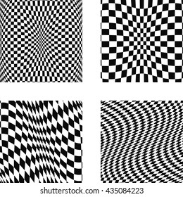 Set volumetric illusions with square mesh 3D geometric latticed textures. Design elements set. Vector art.