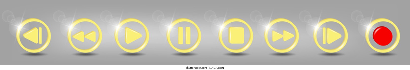 Set of volumetric media player button icons. Play and pause buttons, audio video player, player button icon, play and pause vector button. 3d vector illustration in yellow - gray colors.