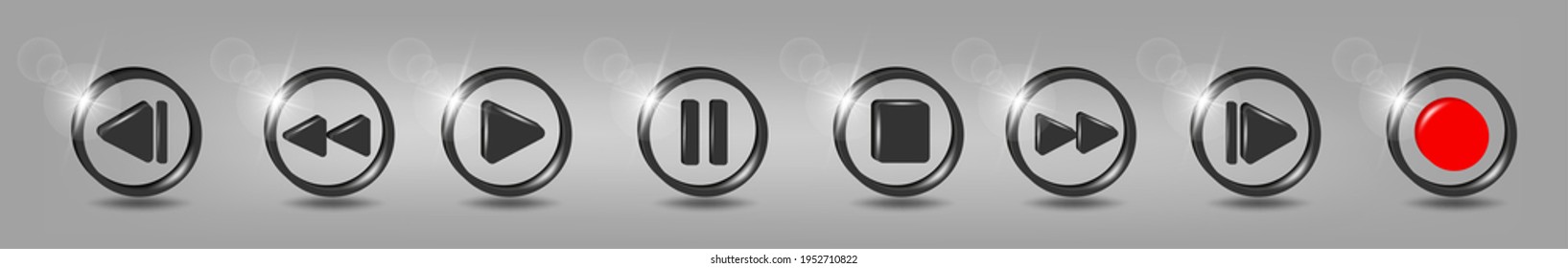 Set of volumetric media player button icons. Play and pause buttons, audio video player, player button icon, play and pause vector button. 3d vector illustration in black - gray colors.