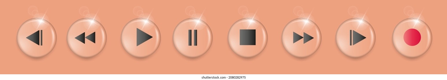 Set of volumetric media player button icons in calming coral colors. Play and pause buttons, audio video player, player button icon, play and pause vector button. Vector illustration