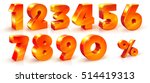 Set of volumetric shiny numbers and percent sign. Orange numbers set, 3d objects.
1, 2, 3, 4, 5, 6, 7, 8, 9, 0 numbers and percent % sign. Vector illustration