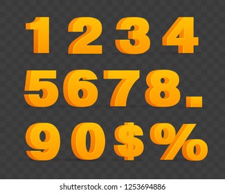 Set of volumetric shiny numbers and percent sign. Orange numbers set, 3d objects. 1, 2, 3, 4, 5, 6, 7, 8, 9, 0. Vector illustration.