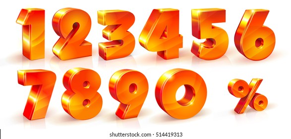 Set of volumetric shiny numbers and percent sign. Orange numbers set, 3d objects.
1, 2, 3, 4, 5, 6, 7, 8, 9, 0 numbers and percent % sign. Vector illustration