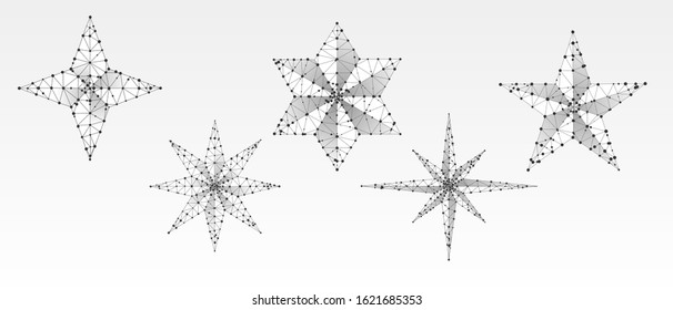 Set of Volumetric stars. Four, five, six and eight rays stars. Star in the sky concept on white origami background. Low poly, abstract, polygonal, wireframe 3d vector illustration