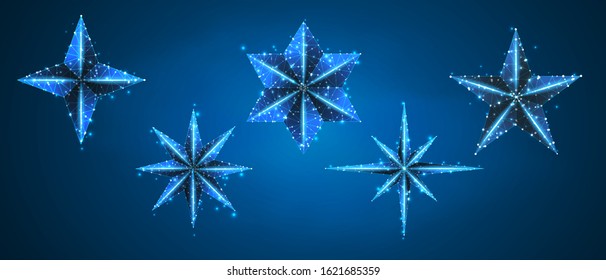 Set of Volumetric stars. Four, five, six and eight rays stars. Star in the sky concept on blue neon background. Low poly, abstract, polygonal, wireframe 3d vector illustration