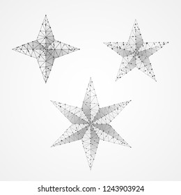 Set of Volumetric stars. Polygonal space low poly with connecting dots and lines. Star in the sky concept. Connection wireframe structure. Vector on white background