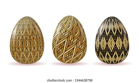 Set of voluminous Easter eggs with geometric patterns of black and gold. Vector
