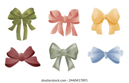 A set of voluminous gradient colored ribbon bows. Ribbon bows in pastel shades, gift bows, hair accessories. Vector gradient collection