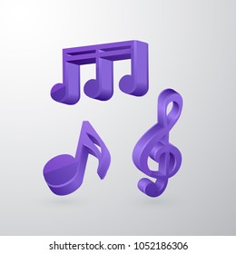 A set of voluminous musical notes of violet color, vector illustration