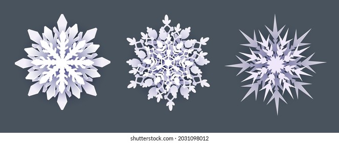 A set of voluminous snowflakes in a cut-out paper style on a dark background. Elements for Christmas or New Year's design. Winter motifs. Vector.