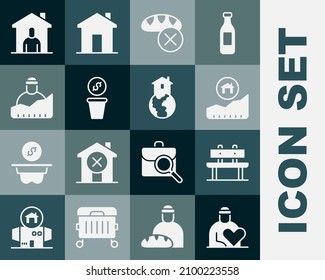 Set Volunteer, Bench, Rising cost of housing, Donation food, money, Growth homeless, Shelter for and  icon. Vector