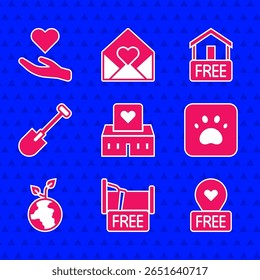 Set Volunteer center, Free overnight stay house, Location with heart, Paw print, team planting trees, Shovel, home delivery and Heart hand icon. Vector