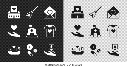 Conjunto Centro de voluntarios, fregona, sobre con corazón de San Valentín, barco humanitario, píldora o tableta de medicina, donación de sangre, mano del corazón e icono de carpa médica de emergencia. Vector