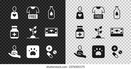 Set Volunteer, Clothes donation, Bottle of water, Caring for people, Paw print, Medicine pill tablet, bottle and pills and team planting trees icon. Vector