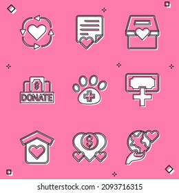 Set Volunteer, Envelope with heart, Donation and charity, Veterinary clinic, Shelter for homeless and  icon. Vector