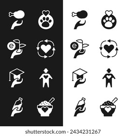 Set Volunteer, Leaf in hand, Donation food, Heart with animals footprint, Education grant,  and water icon. Vector