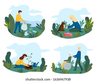 Set of volunteering in flat style. Park, outdoor. Helping homeless animals. garbage collection. tree planting. assistance to a disabled person. Vector illustration