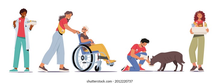 Set Volunteering Theme. Characters Help Disabled Seniors, Feeding Homeless Dogs, Delivery Grocery for Helpless People during Pandemic. Volunteer Charity, Support, Society Cartoon Vector Illustration