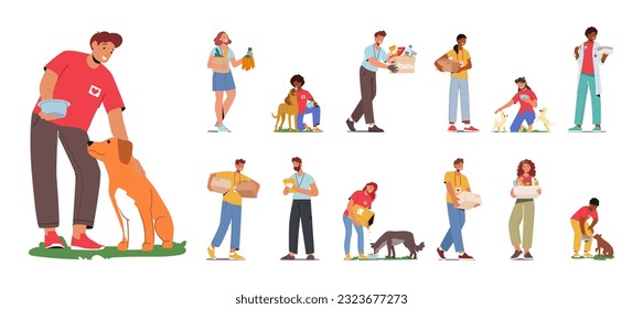 Conjunto de voluntarios con animales. Grupo Compasivo De Personajes Que Ayuda Y Cuida A Los Animales Necesitados, Ofreciendo Apoyo, Alimentando Y Promoviendo El Bienestar Animal. Ilustración de vectores de personas de caricatura