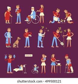 Set of volunteers characters in flat design. Young people planted plants, trees,  helping ill kids and seniors, feeding homeless men. Vector illustration eps 10