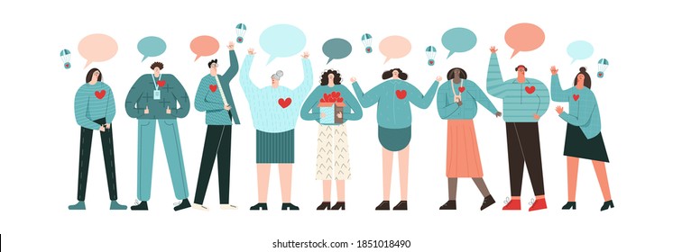 Set Of Volunteers Flat Vector Illustration. Concept Of Charity And Donation. Young People Group Giving Time And Labour For Support People In Need. Online Teamwork Volunteering. Isolated On White